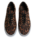 Dolce &amp; Gabbana Brown Leopard Logo Print Cotton Sneakers Shoes