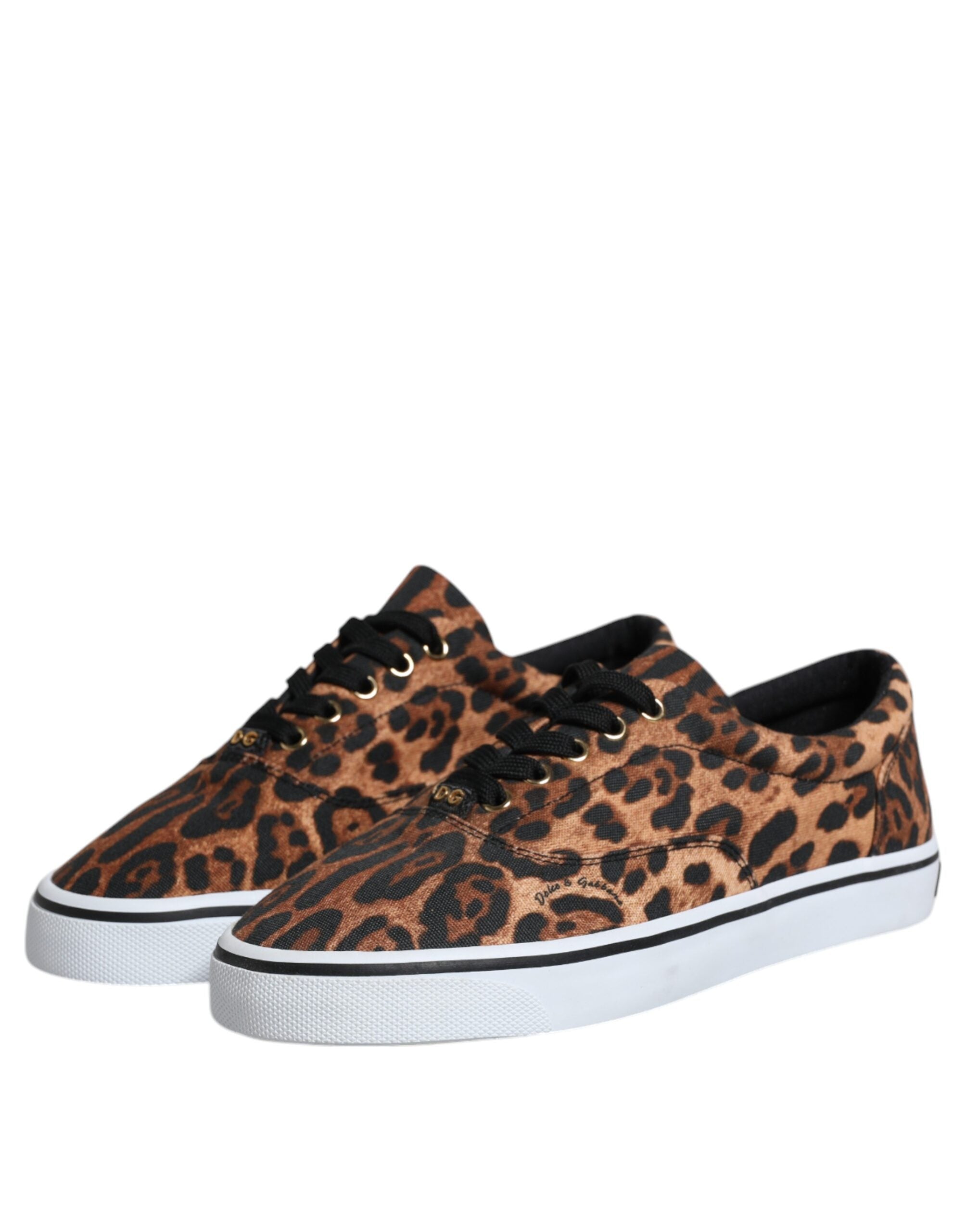 Dolce &amp; Gabbana Brown Leopard Logo Print Cotton Sneakers Shoes