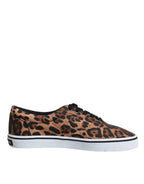 Dolce &amp; Gabbana Brown Leopard Logo Print Cotton Sneakers Shoes