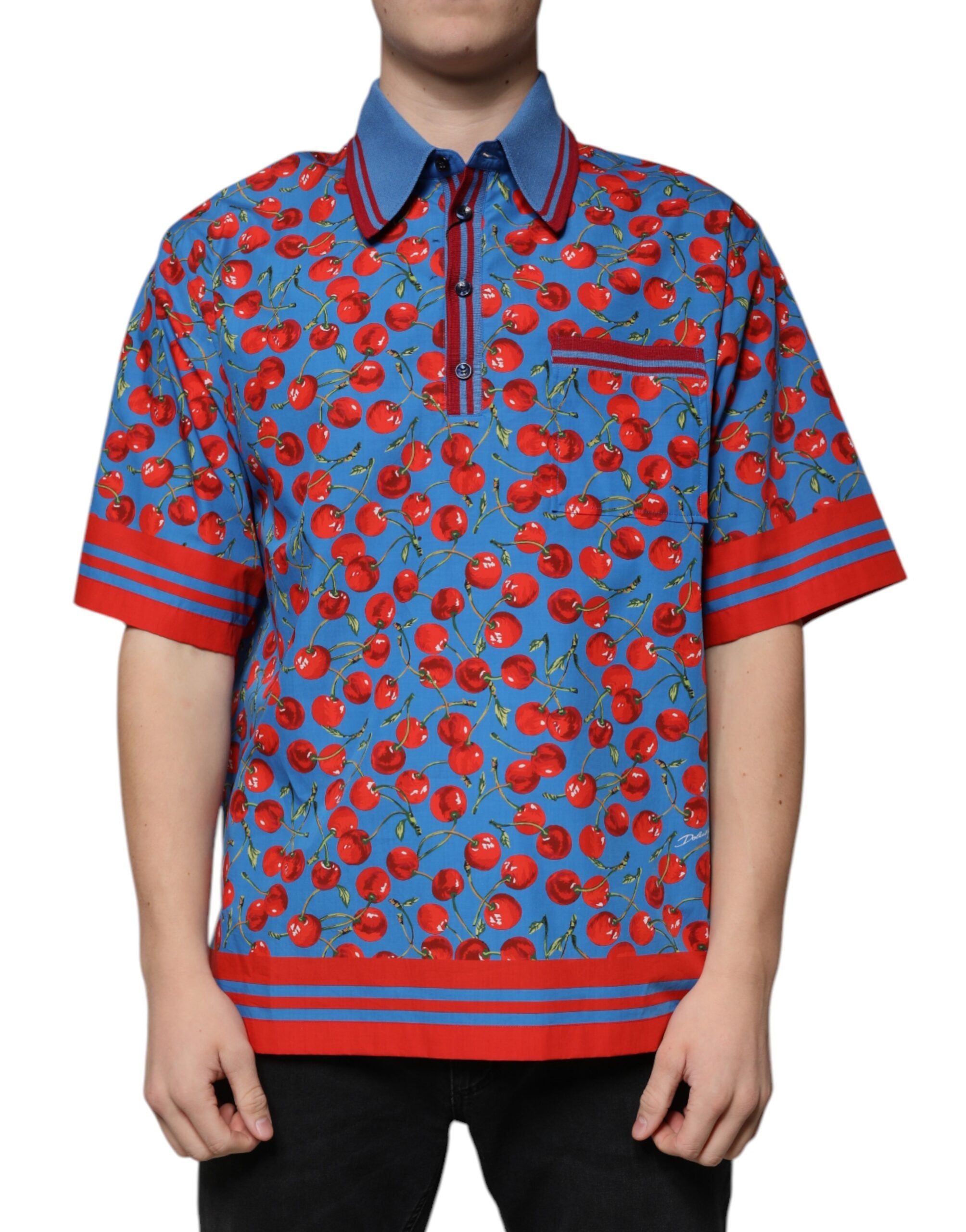 Dolce &amp; Gabbana Blue Cherry Cotton Collared Men Polo T-shirt