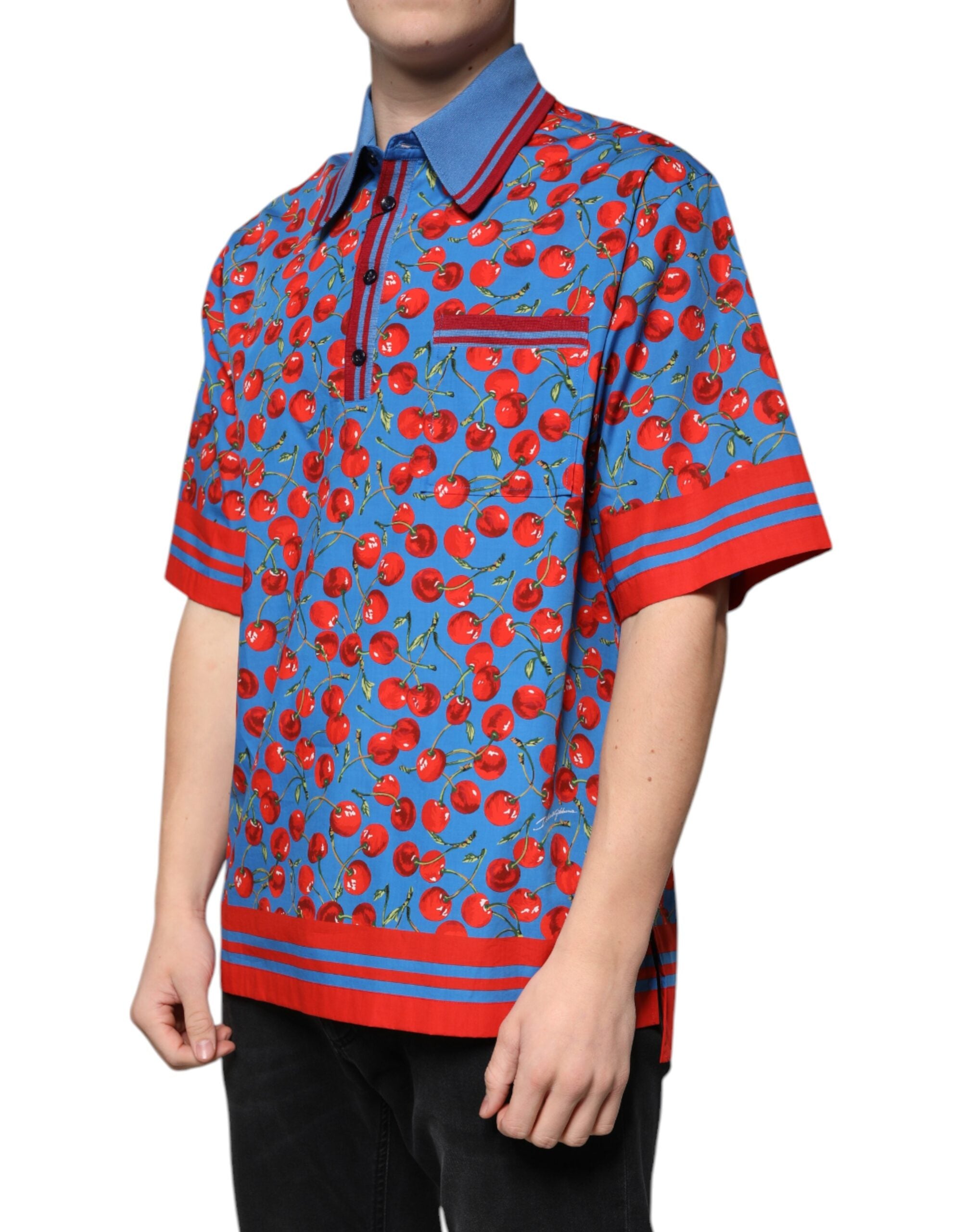 Dolce &amp; Gabbana Blue Cherry Cotton Collared Men Polo T-shirt