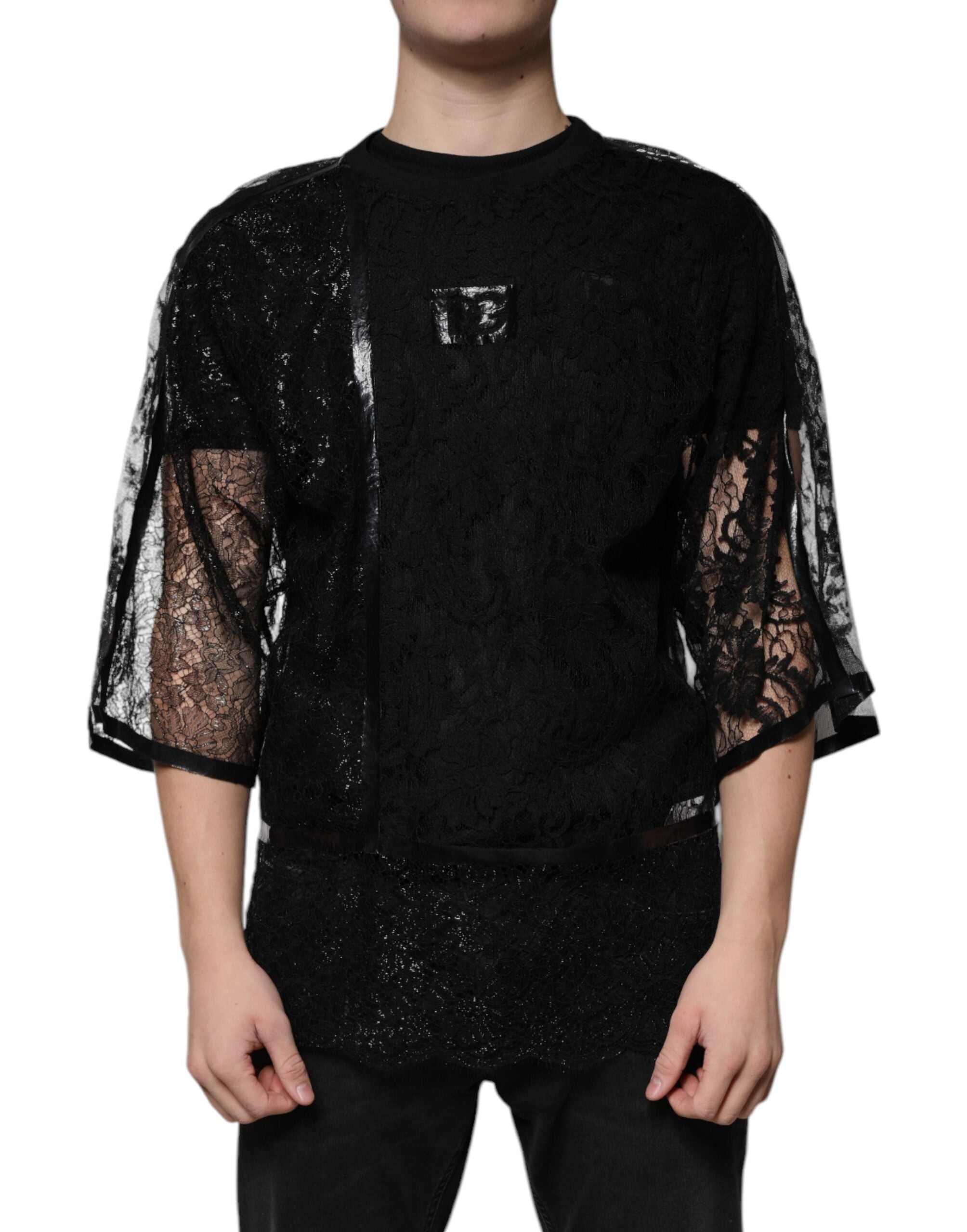 Dolce &amp; Gabbana Black Nylon Floral Lace Crew Neck T-shirt