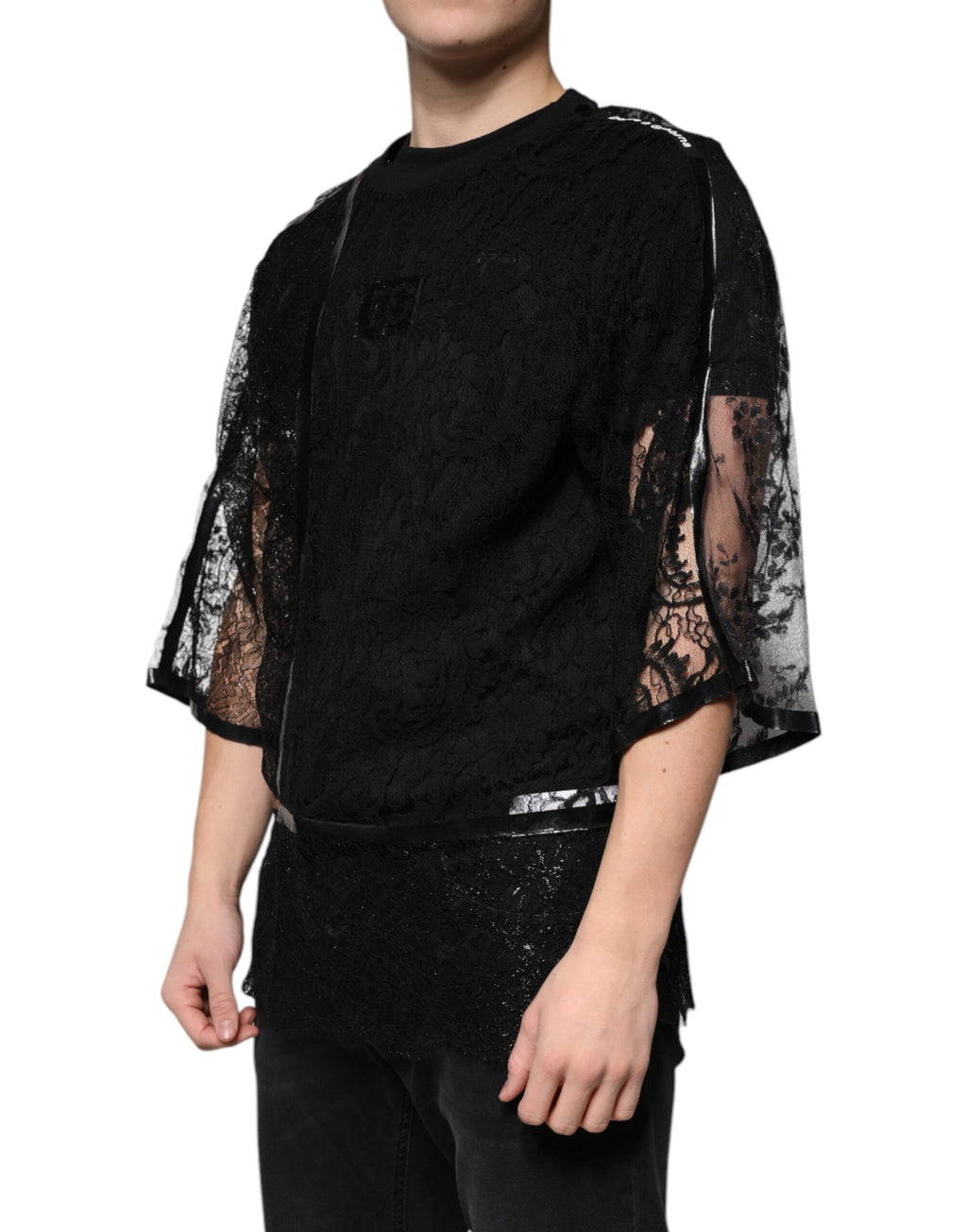 Dolce &amp; Gabbana Black Nylon Floral Lace Crew Neck T-shirt
