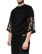 Dolce &amp; Gabbana Black Nylon Floral Lace Crew Neck T-shirt