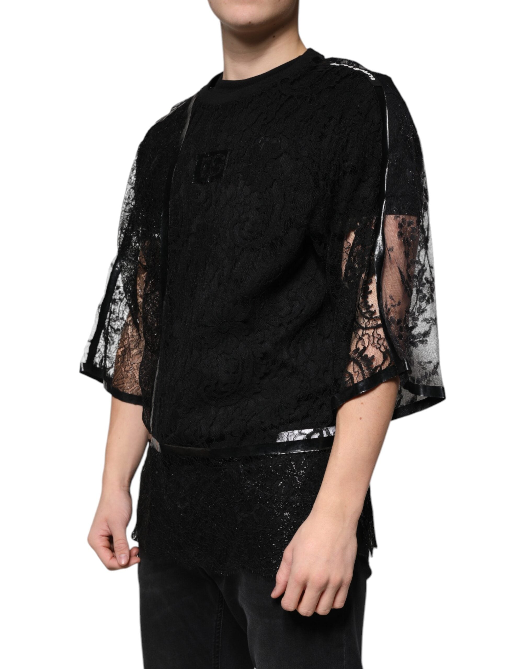 Dolce &amp; Gabbana Black Nylon Floral Lace Crew Neck T-shirt
