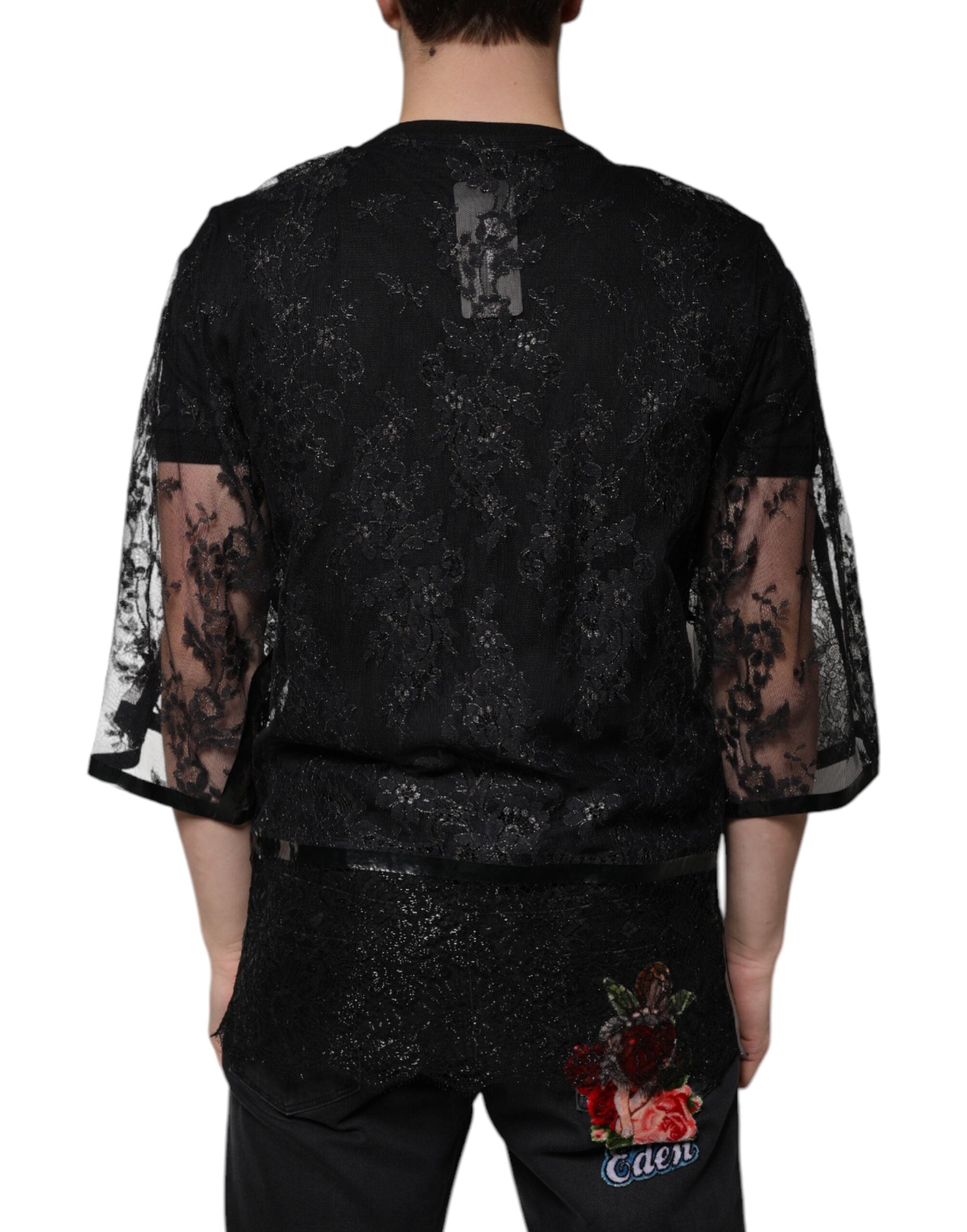 Dolce &amp; Gabbana Black Nylon Floral Lace Crew Neck T-shirt