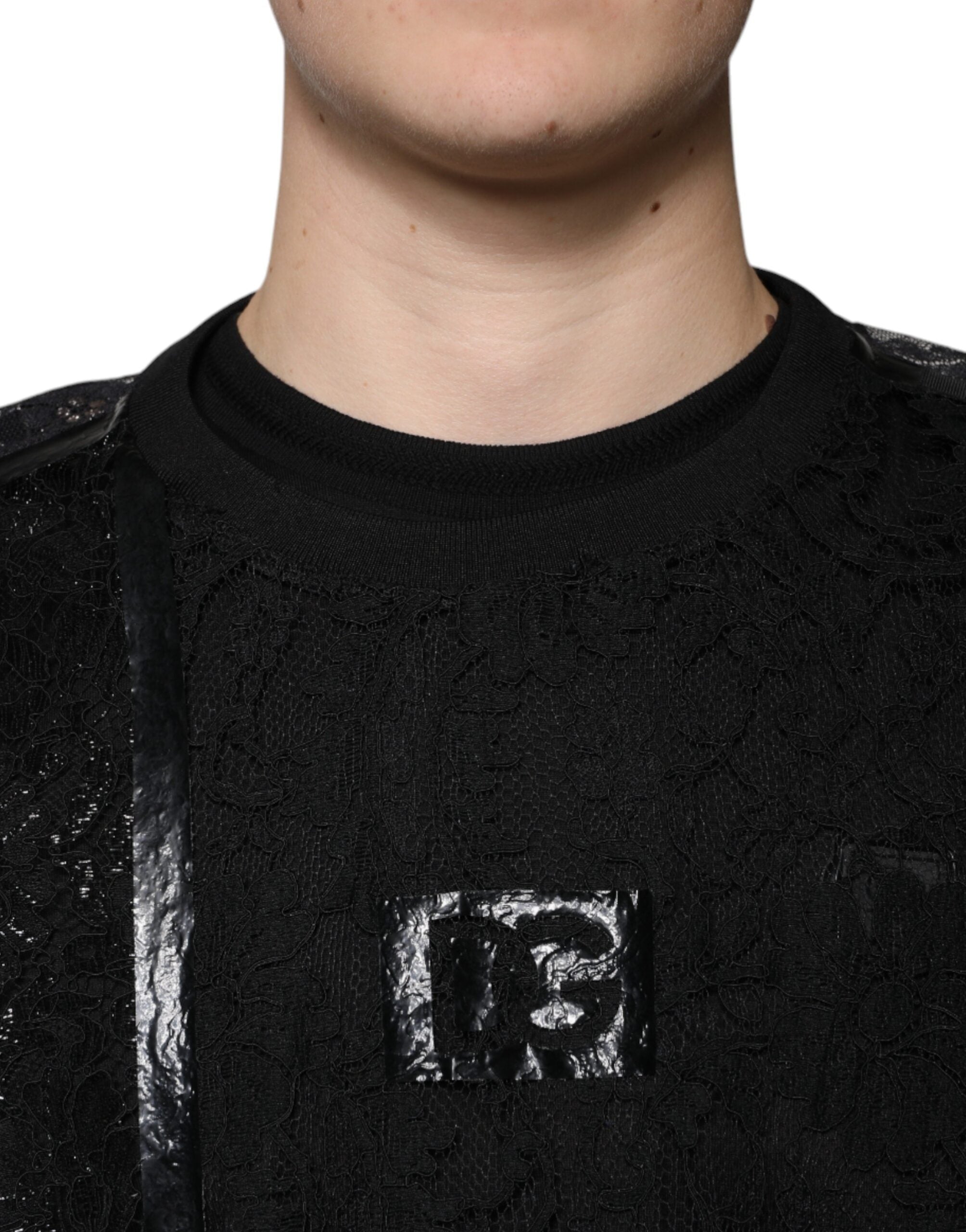 Dolce &amp; Gabbana Black Nylon Floral Lace Crew Neck T-shirt