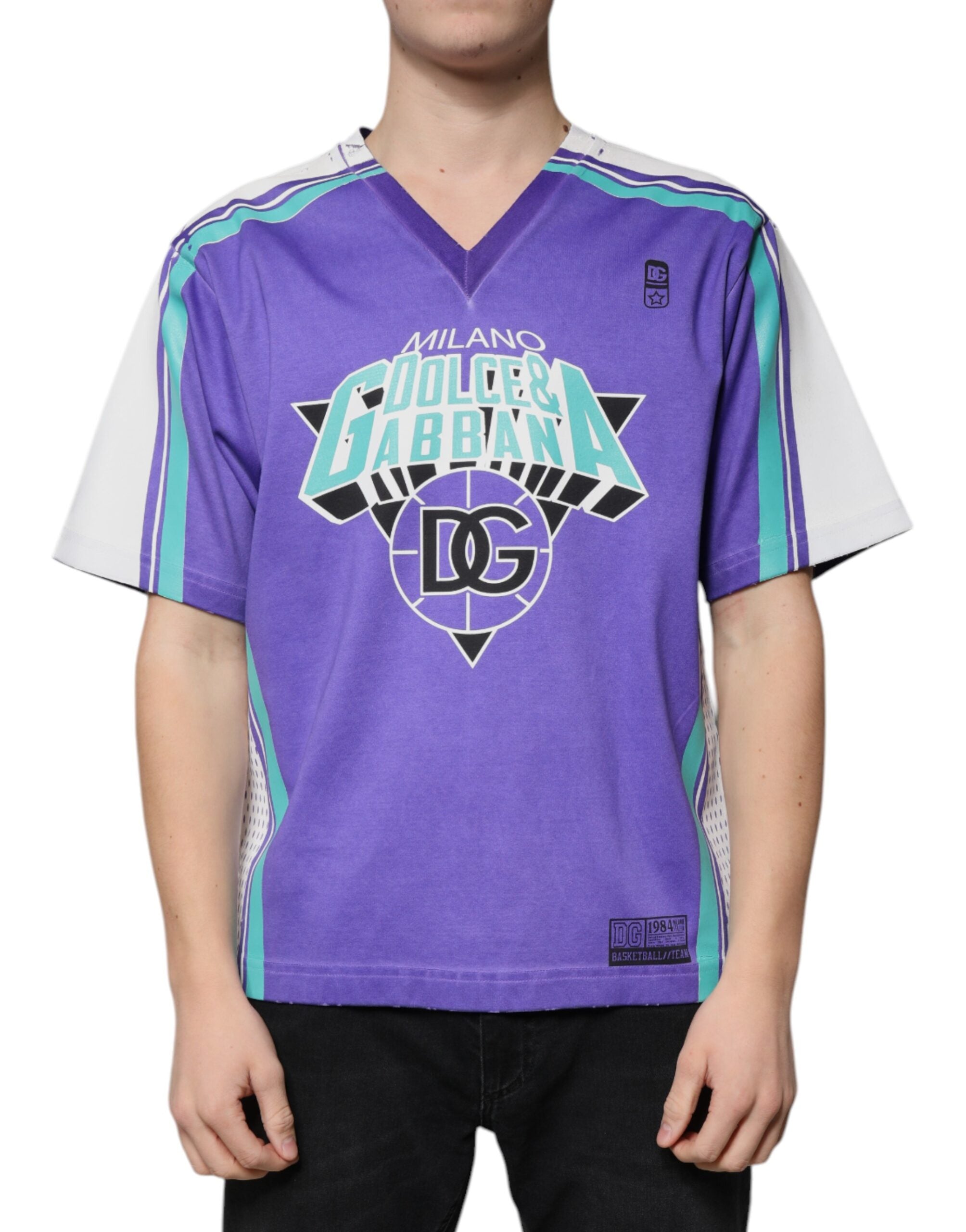 Dolce &amp; Gabbana Purple Logo Jersey Cotton V-neck T-shirt