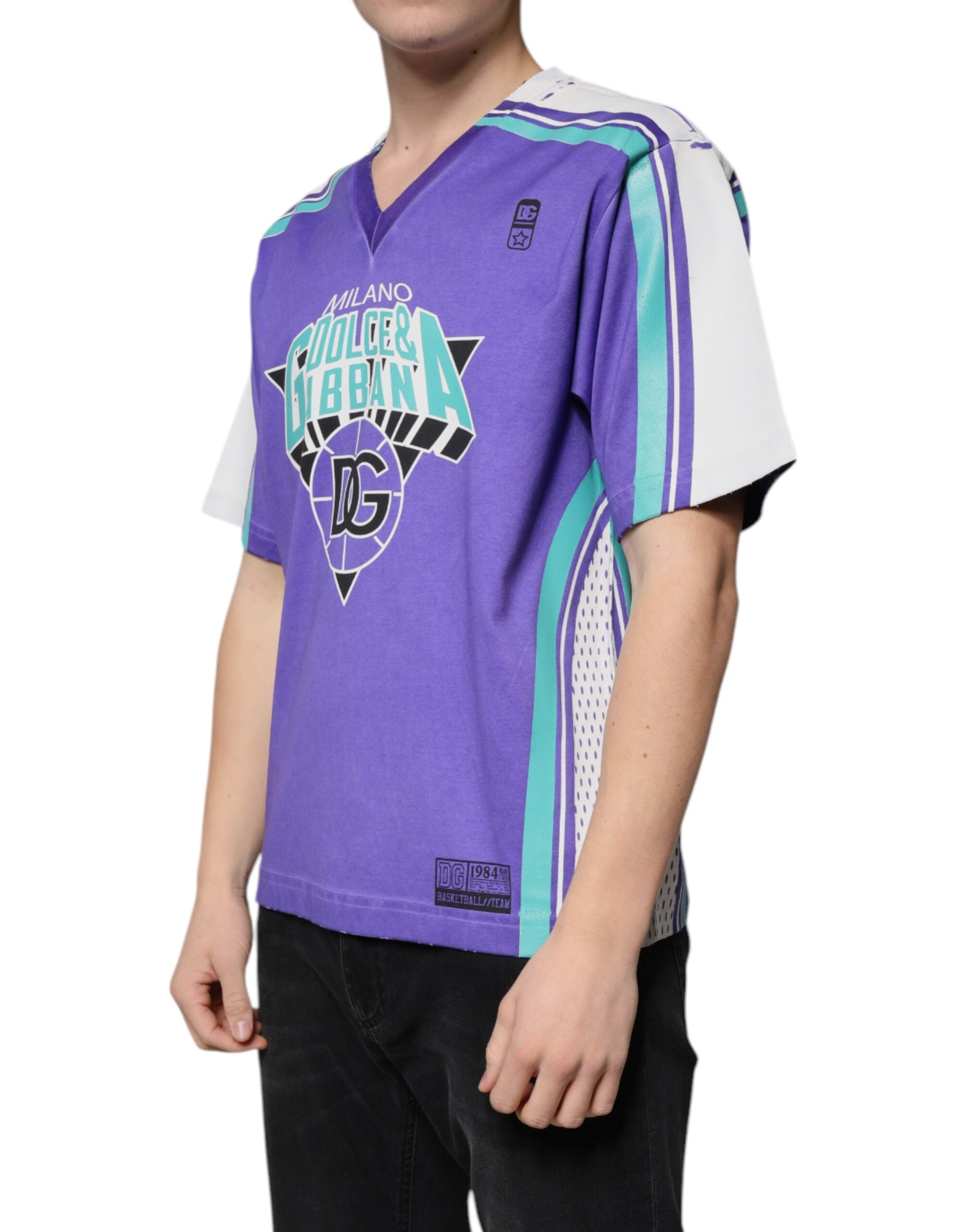 Dolce &amp; Gabbana Purple Logo Jersey Cotton V-neck T-shirt