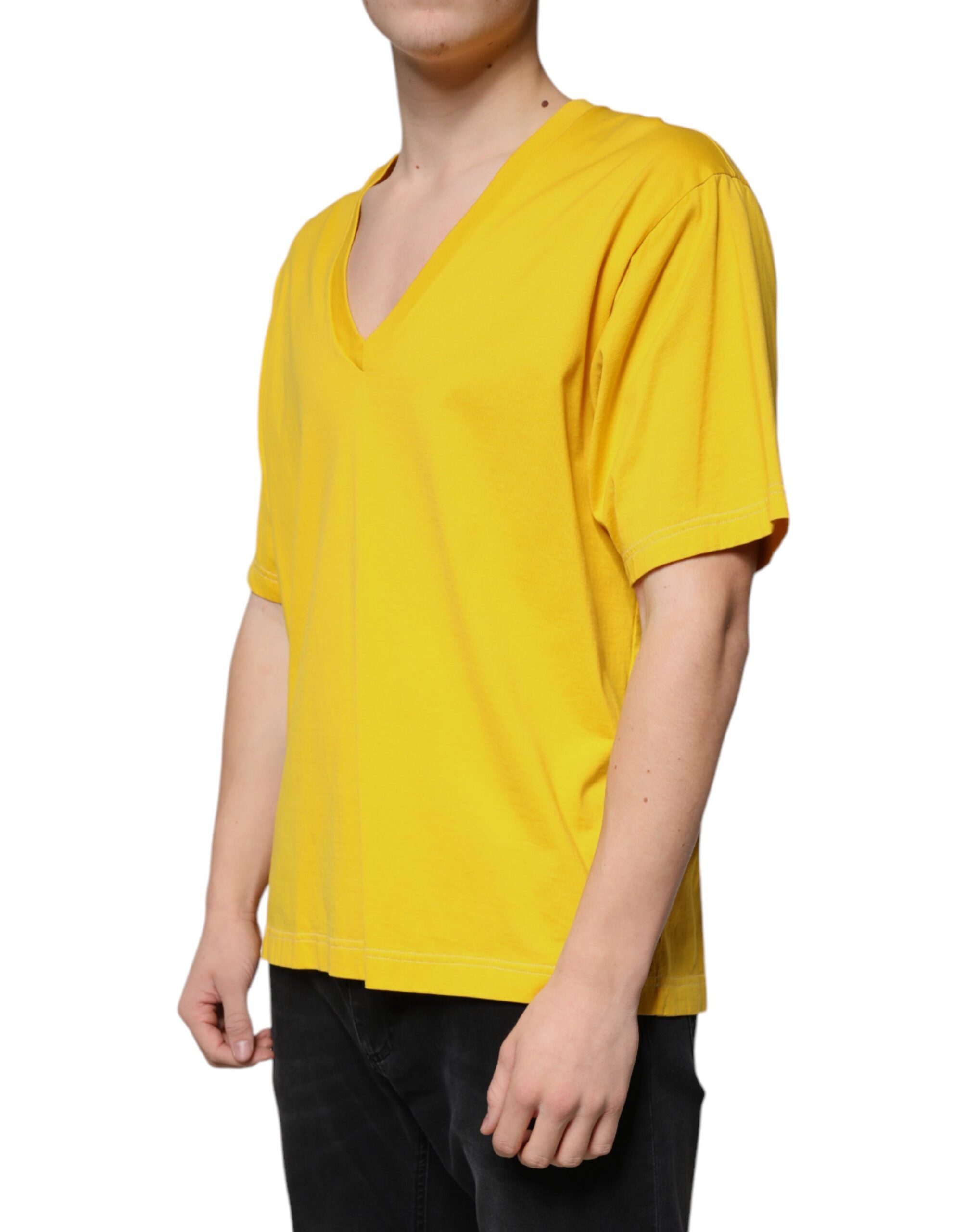 Dolce &amp; Gabbana Yellow Cotton V-neck Short Sleeves T-shirt