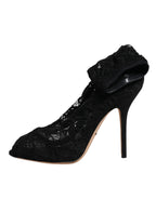 Dolce &amp; Gabbana Black Lace Stretch Heels Mid Calf Boots Shoes