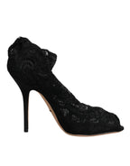 Dolce &amp; Gabbana Black Lace Stretch Heels Mid Calf Boots Shoes