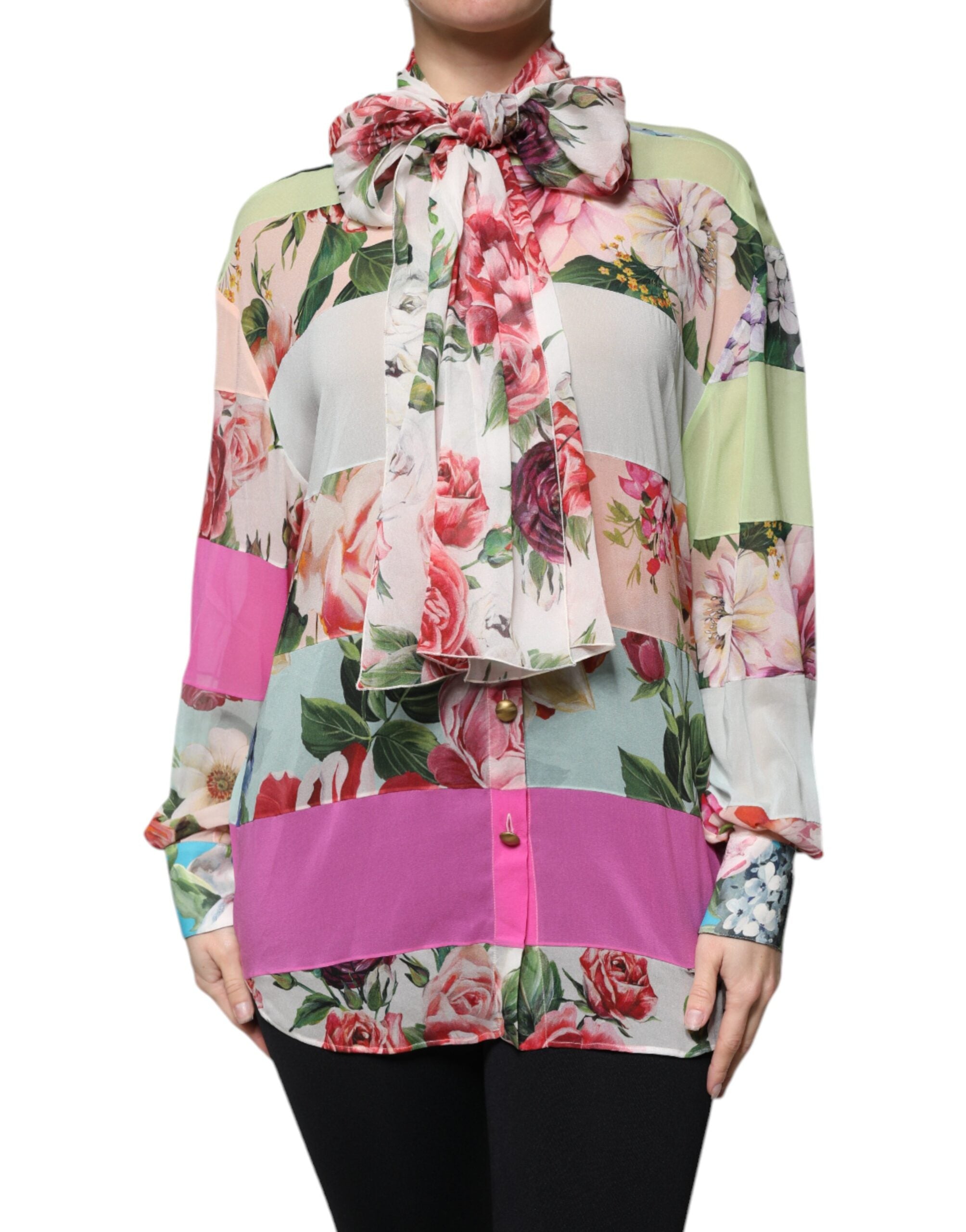 Dolce &amp; Gabbana Multicolor Floral Patchwork Ascot Collar Top