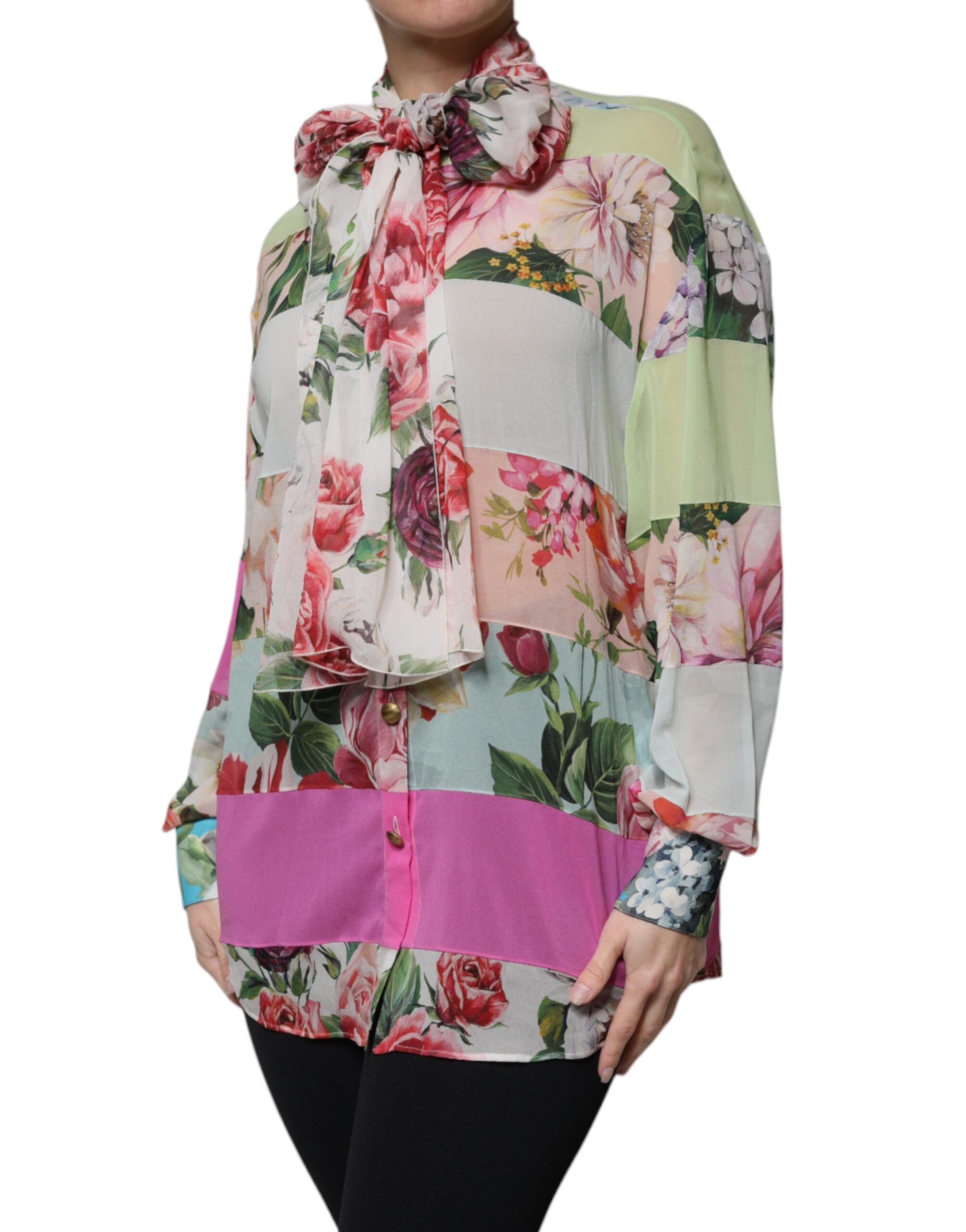 Dolce &amp; Gabbana Multicolor Floral Patchwork Ascot Collar Top