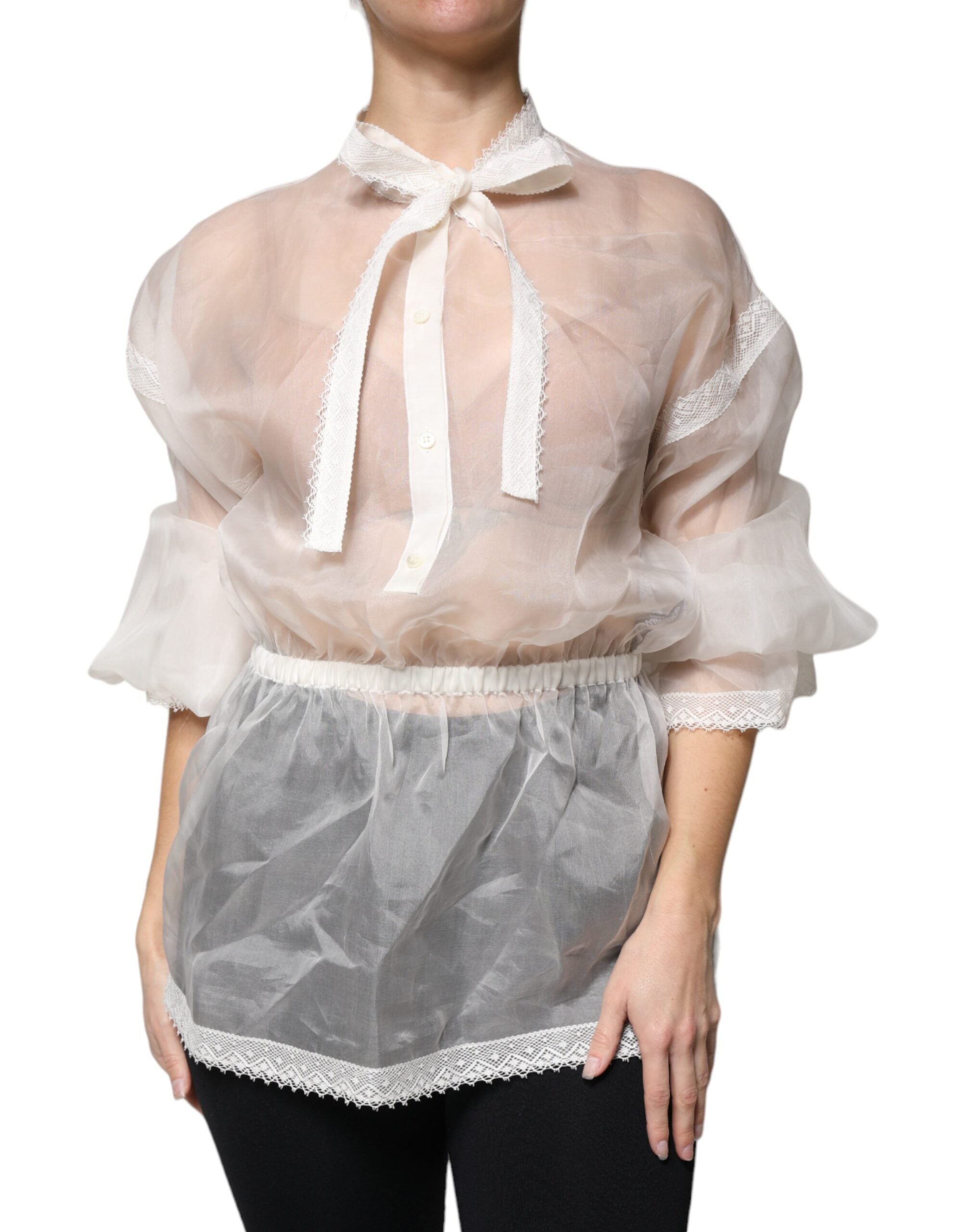 Dolce &amp; Gabbana White Ascot Collar Long Sleeves Blouse Top