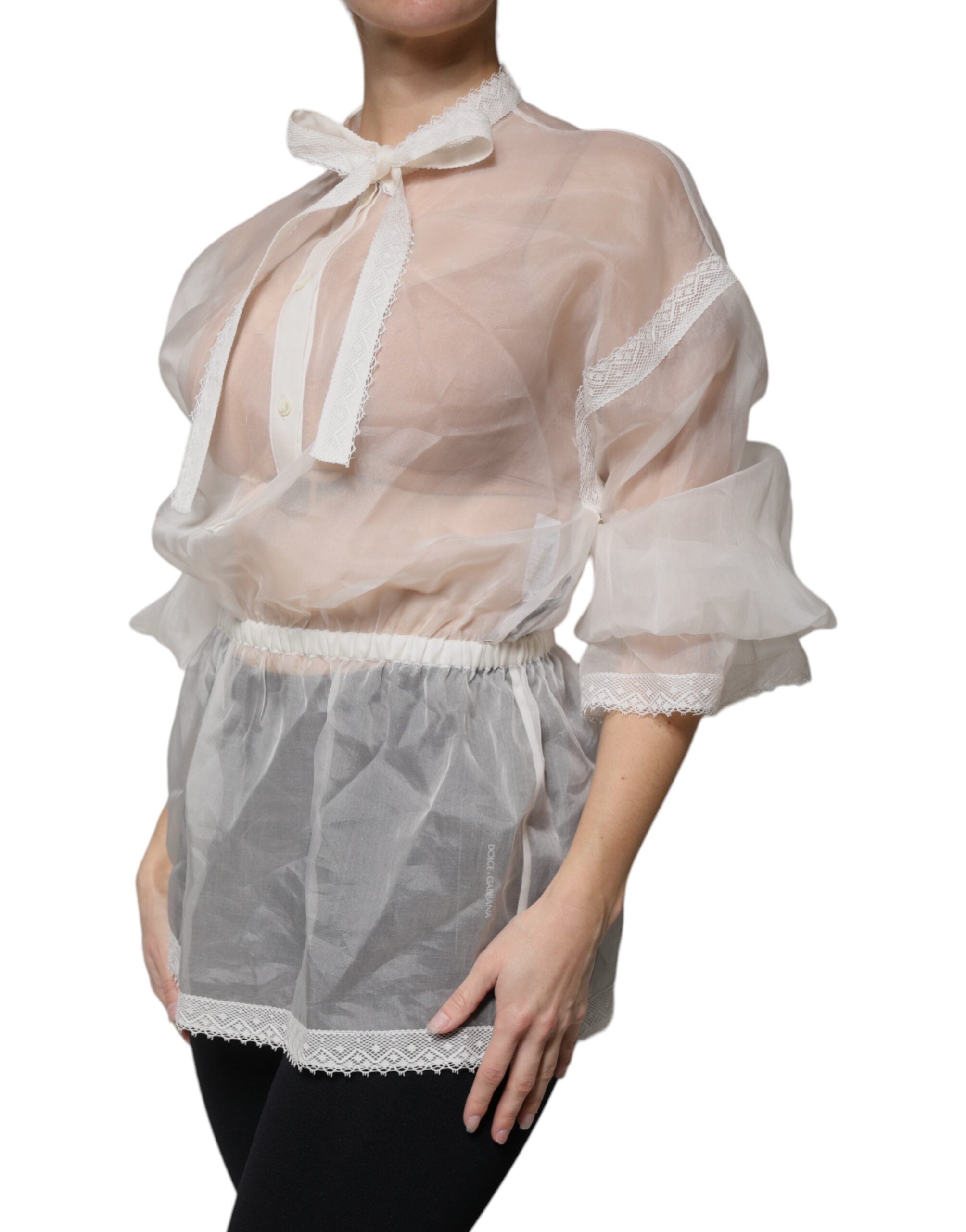Dolce &amp; Gabbana White Ascot Collar Long Sleeves Blouse Top