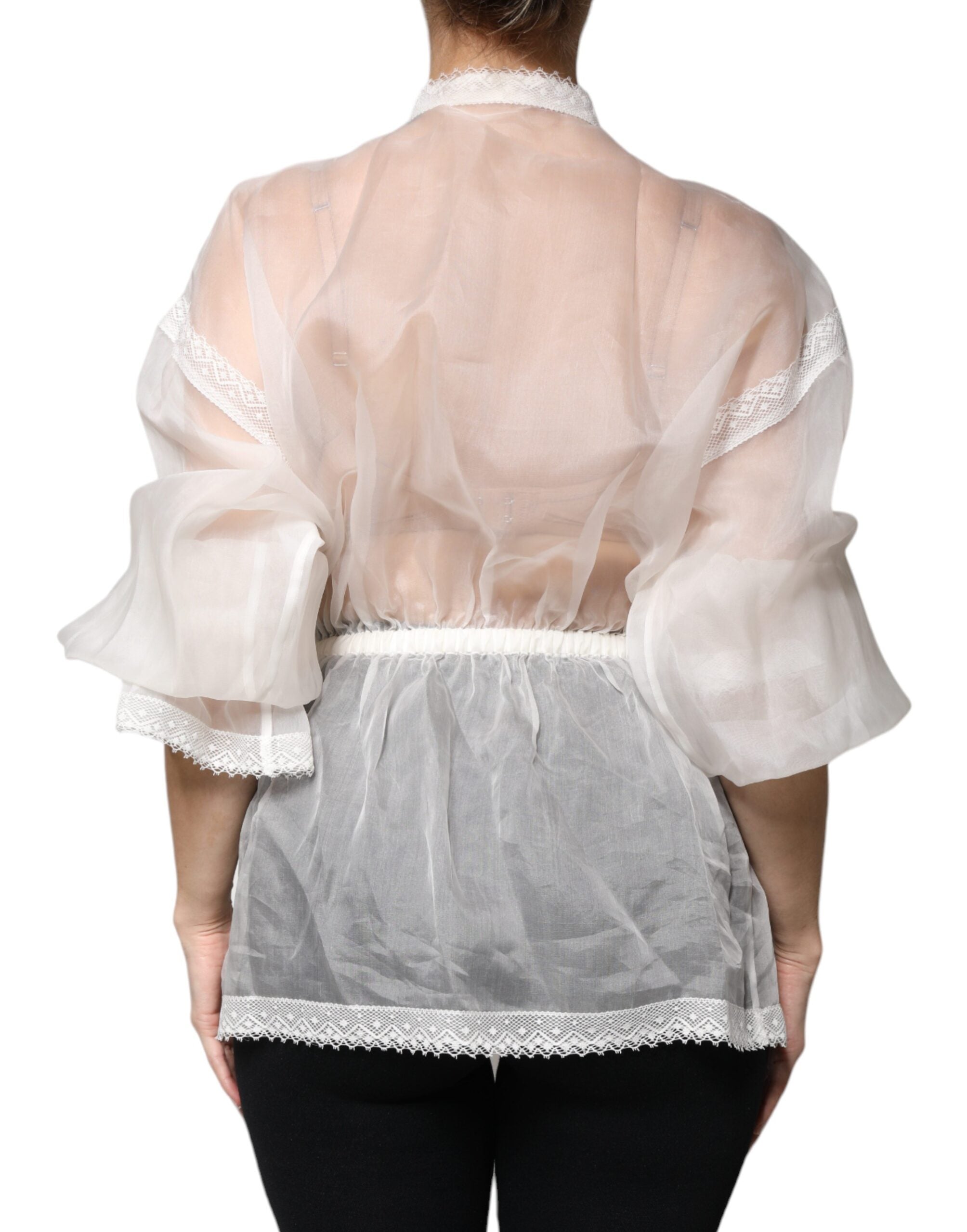 Dolce &amp; Gabbana White Ascot Collar Long Sleeves Blouse Top