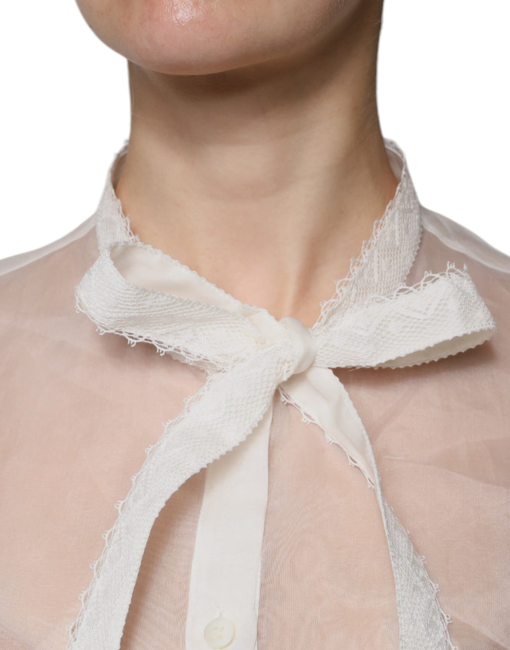 Dolce &amp; Gabbana White Ascot Collar Long Sleeves Blouse Top