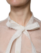 Dolce &amp; Gabbana White Ascot Collar Long Sleeves Blouse Top