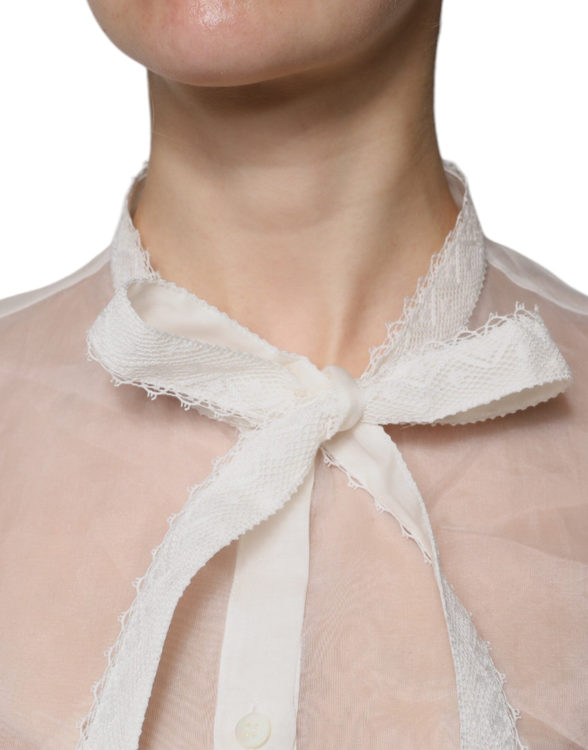 Dolce &amp; Gabbana White Ascot Collar Long Sleeves Blouse Top