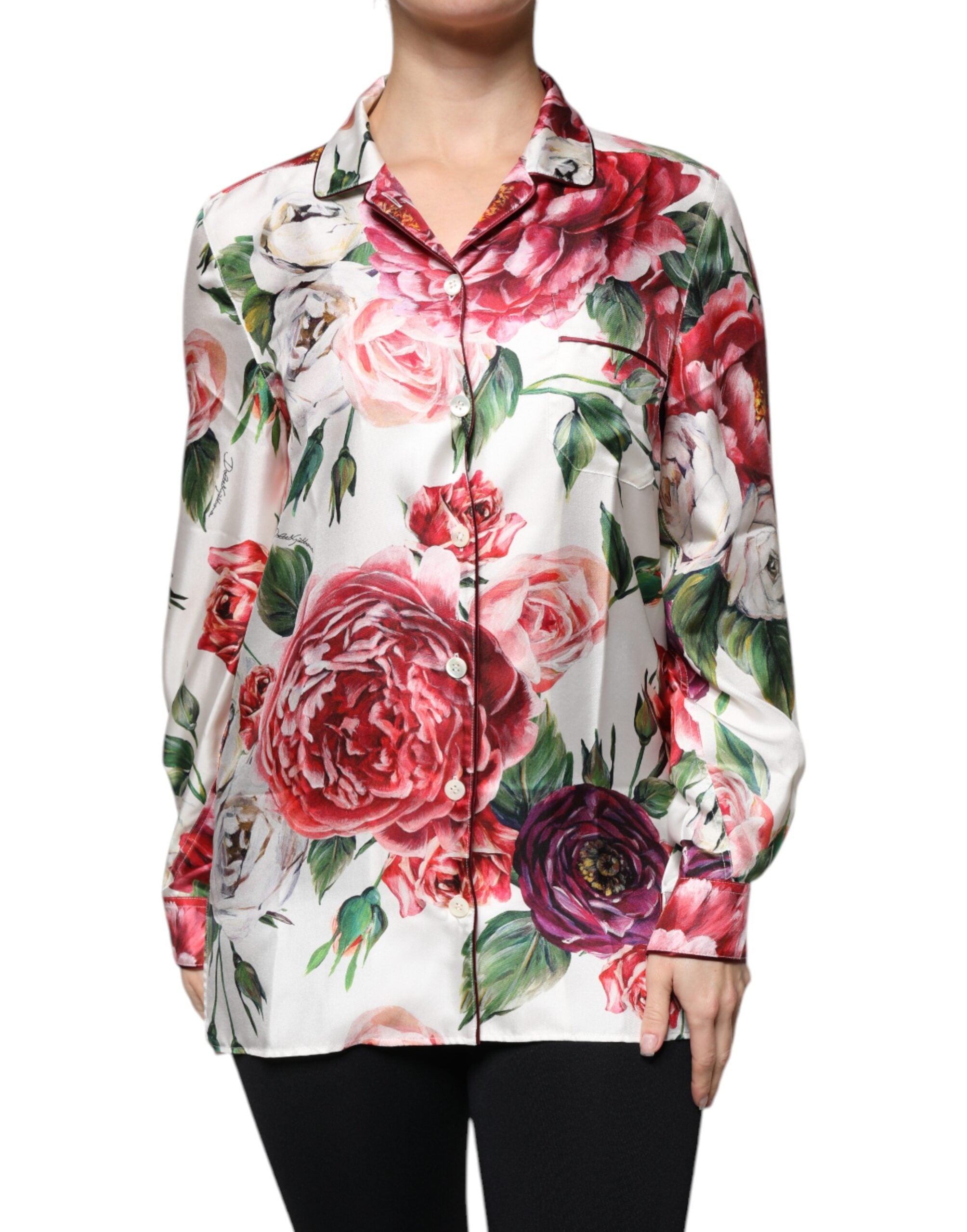 Dolce &amp; Gabbana White Peony Silk Long Sleeves Collared Blouse Top