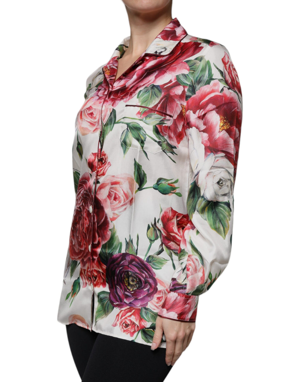 Dolce &amp; Gabbana White Peony Silk Long Sleeves Collared Blouse Top