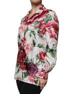 Dolce &amp; Gabbana White Peony Silk Long Sleeves Collared Blouse Top