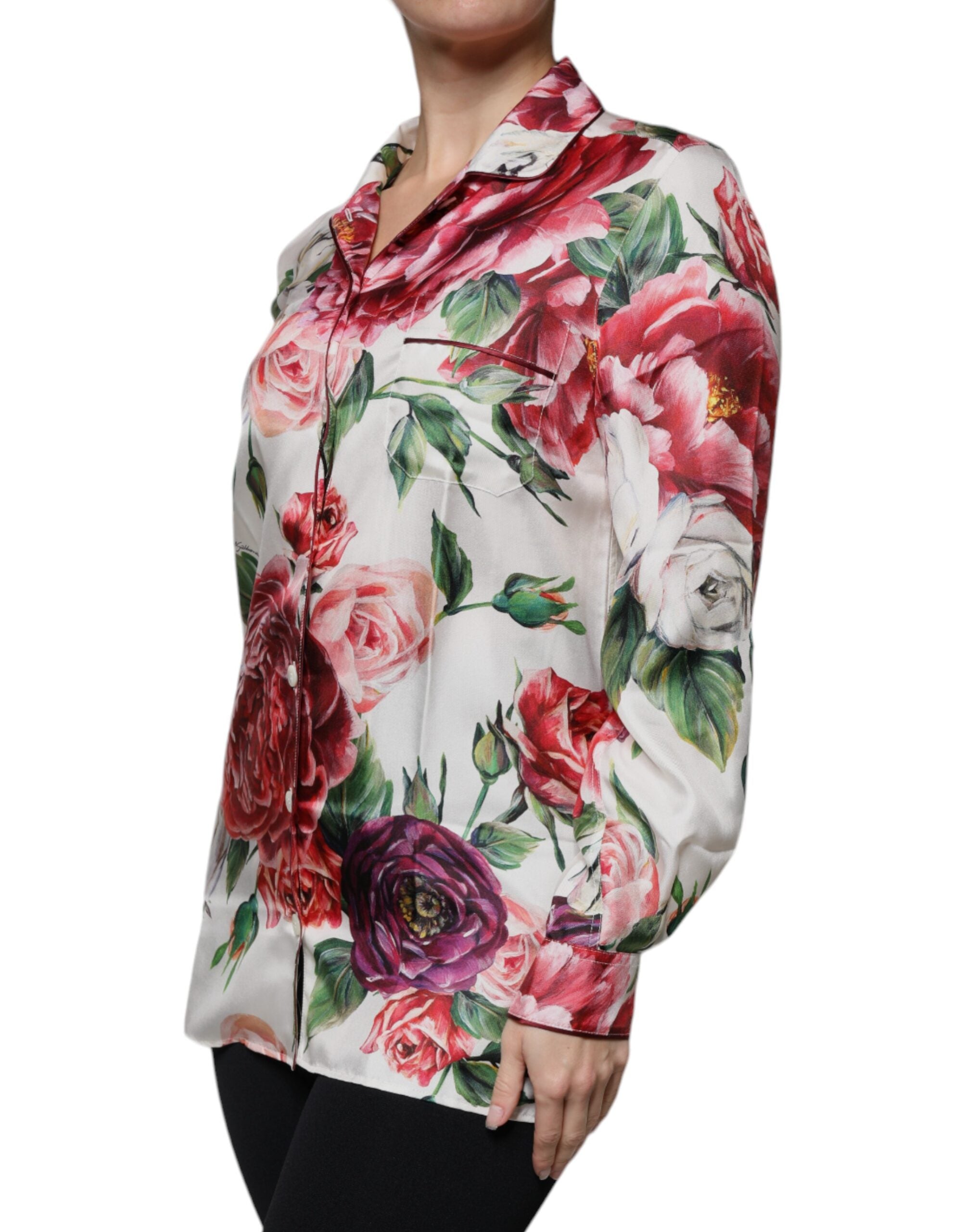 Dolce &amp; Gabbana White Peony Silk Long Sleeves Collared Blouse Top