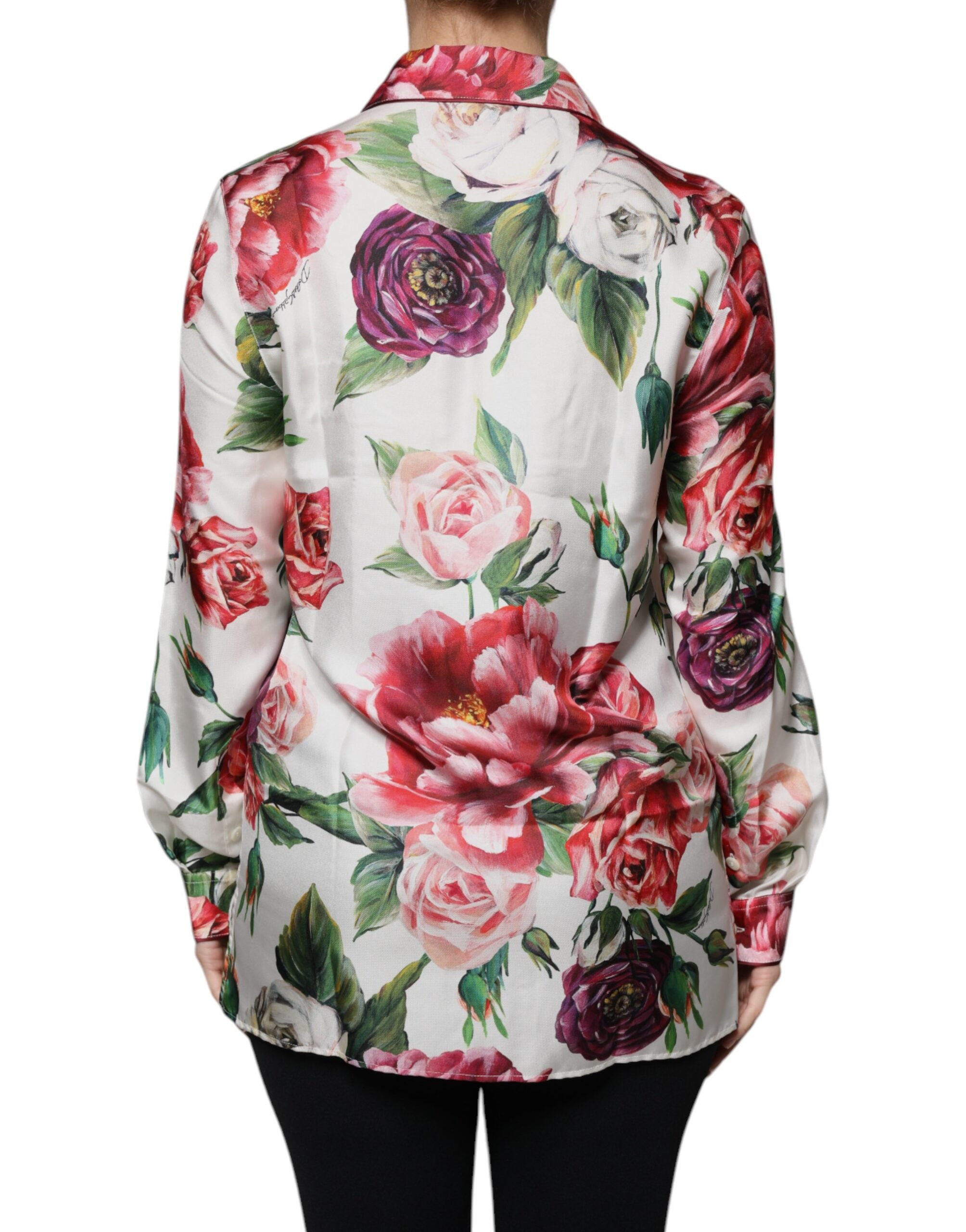 Dolce &amp; Gabbana White Peony Silk Long Sleeves Collared Blouse Top