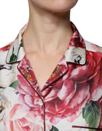 Dolce &amp; Gabbana White Peony Silk Long Sleeves Collared Blouse Top