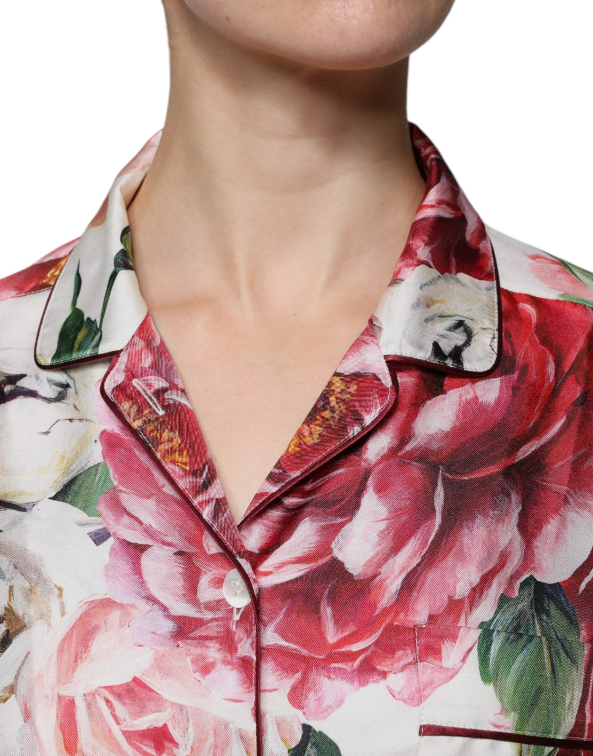 Dolce &amp; Gabbana White Peony Silk Long Sleeves Collared Blouse Top