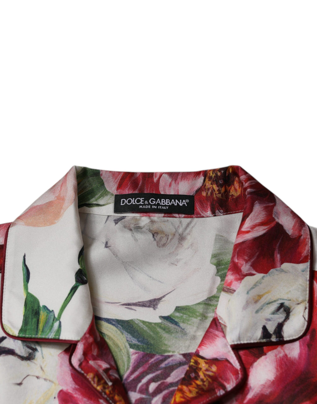 Dolce &amp; Gabbana White Peony Silk Long Sleeves Collared Blouse Top