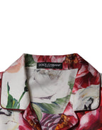 Dolce &amp; Gabbana White Peony Silk Long Sleeves Collared Blouse Top