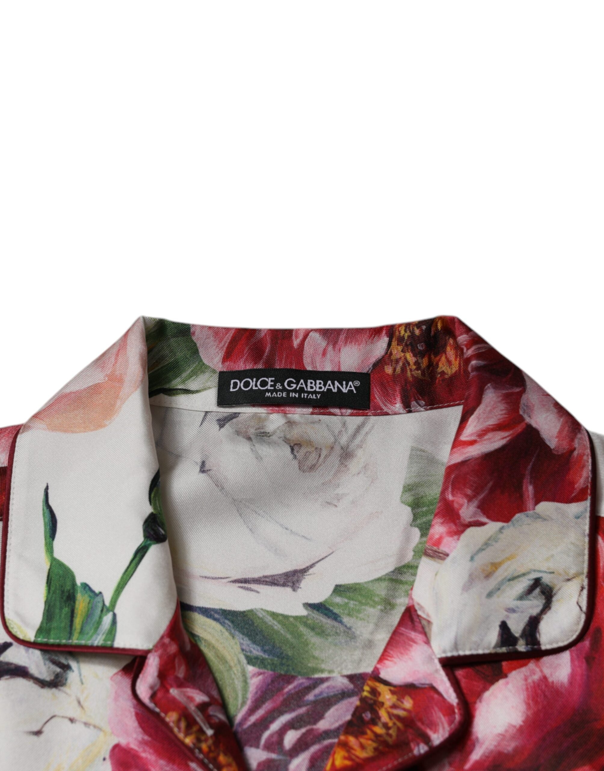 Dolce &amp; Gabbana White Peony Silk Long Sleeves Collared Blouse Top