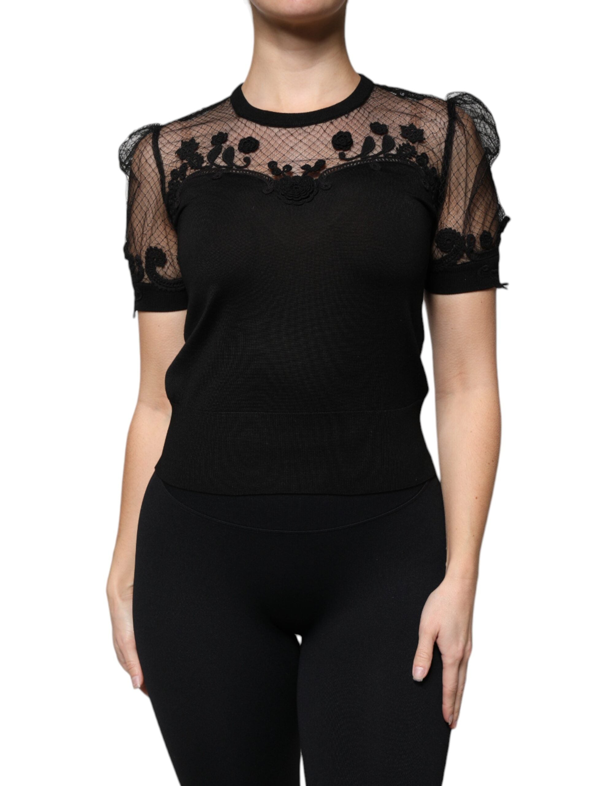 Dolce &amp; Gabbana Black Floral Lace Short Sleeves Blouse Top