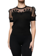 Dolce &amp; Gabbana Black Floral Lace Short Sleeves Blouse Top