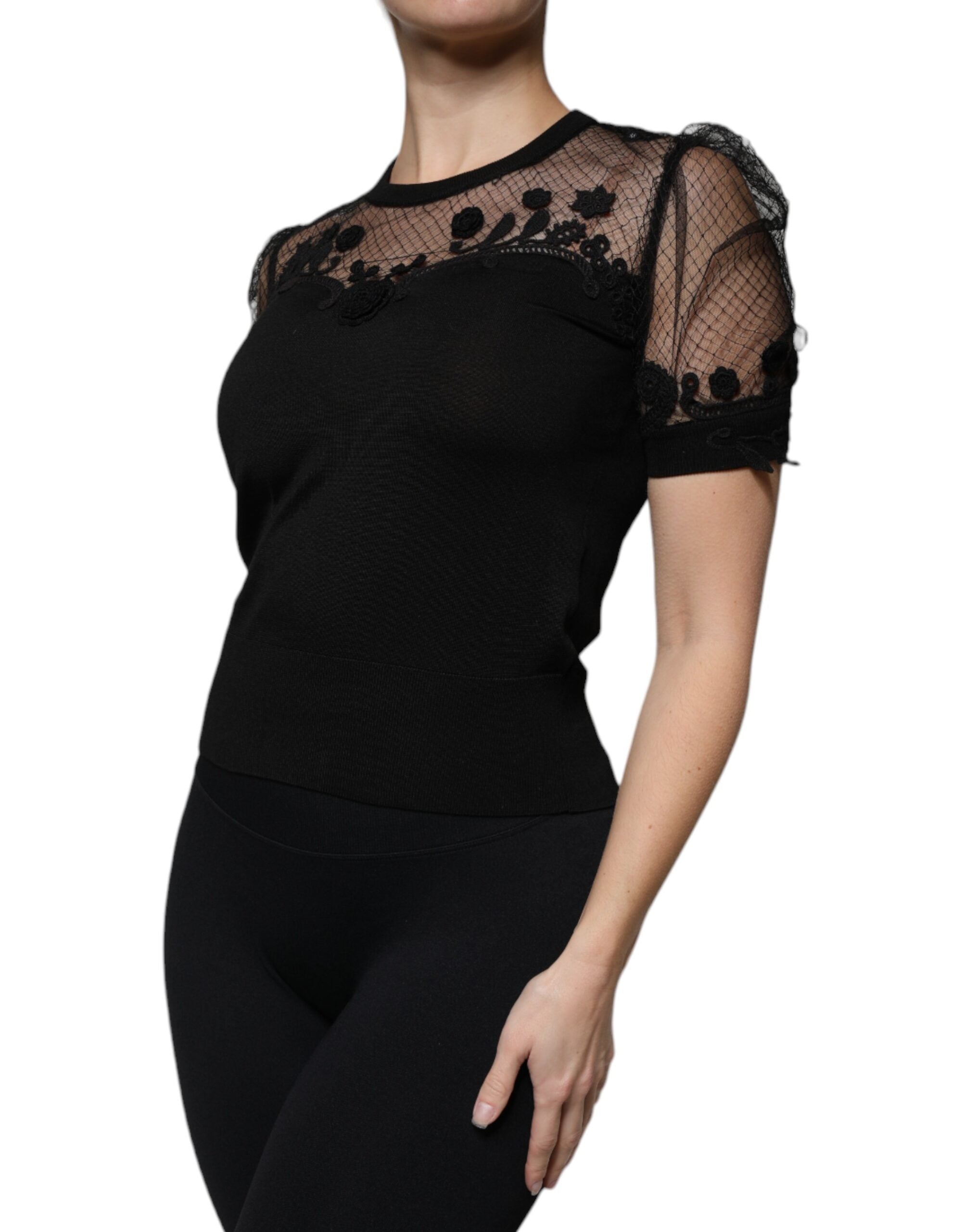 Dolce &amp; Gabbana Black Floral Lace Short Sleeves Blouse Top