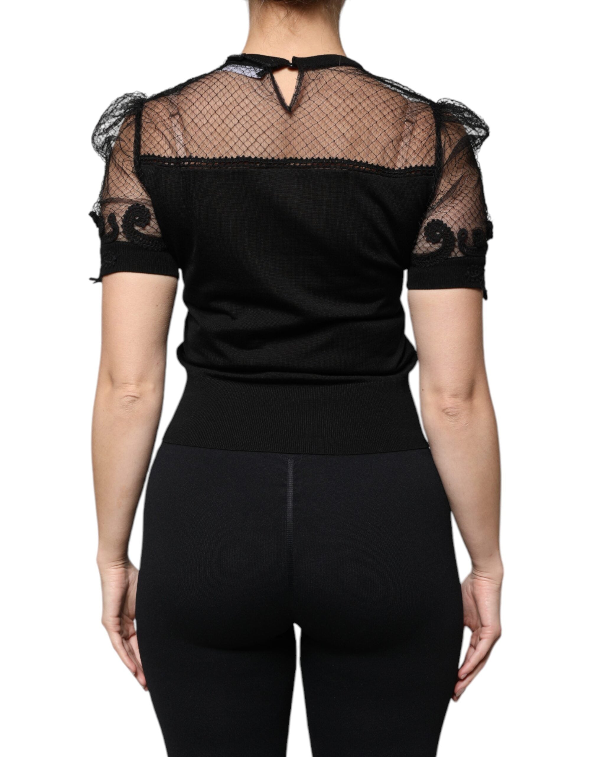 Dolce &amp; Gabbana Black Floral Lace Short Sleeves Blouse Top
