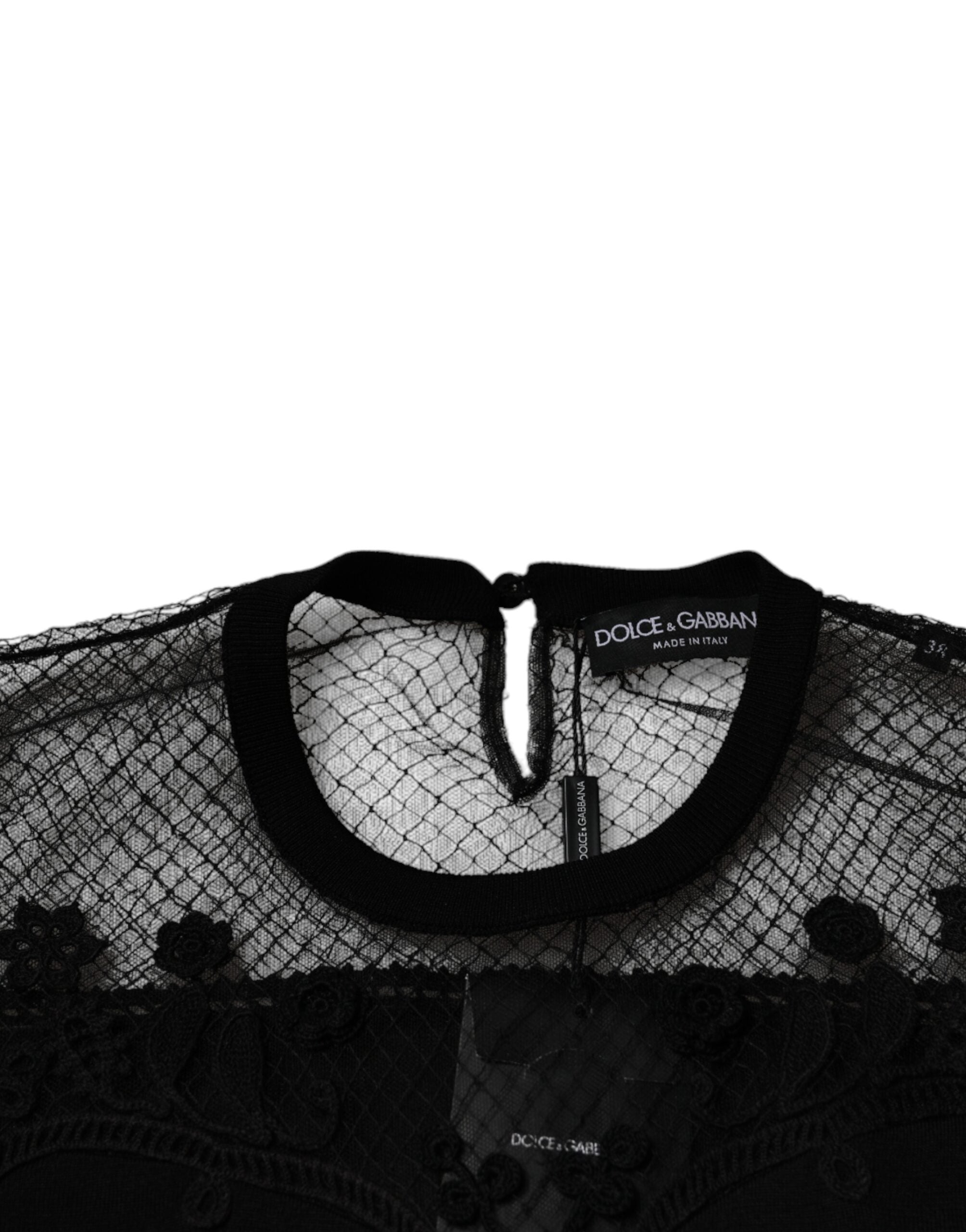 Dolce &amp; Gabbana Black Floral Lace Short Sleeves Blouse Top