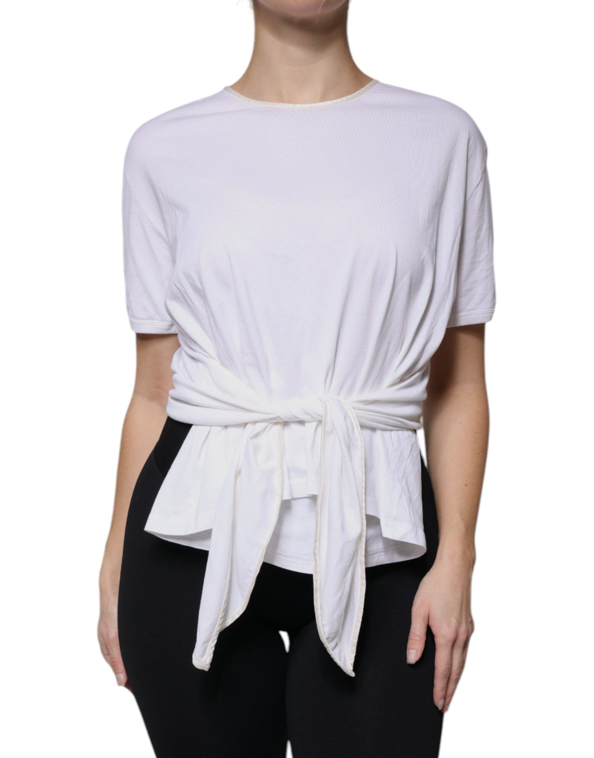 Dolce &amp; Gabbana White Cotton Silk Round Neck Wrap Blouse Top