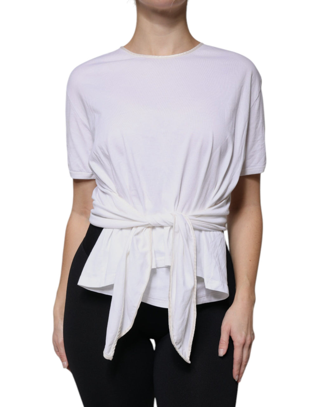 Dolce &amp; Gabbana White Cotton Silk Round Neck Wrap Blouse Top