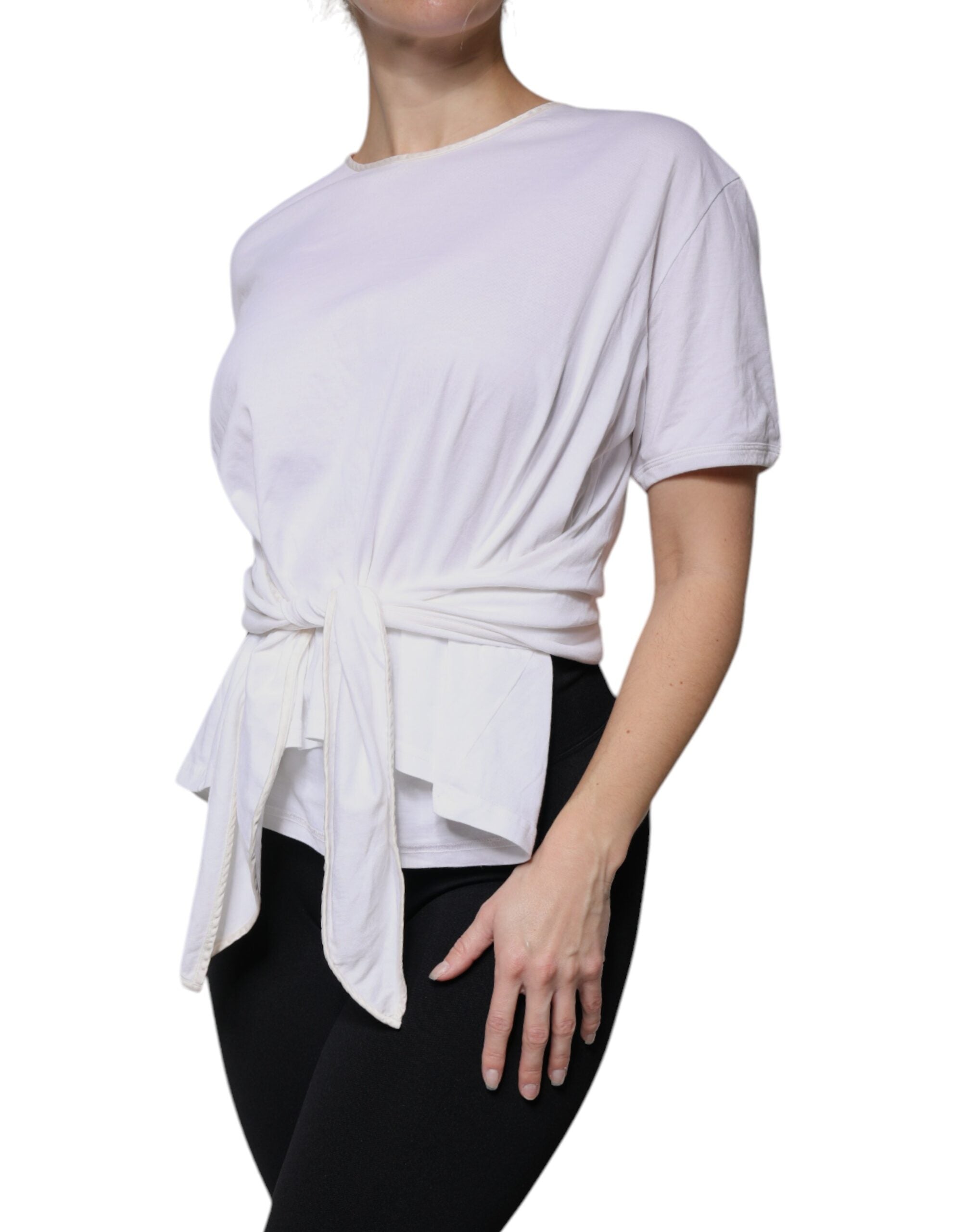 Dolce &amp; Gabbana White Cotton Silk Round Neck Wrap Blouse Top