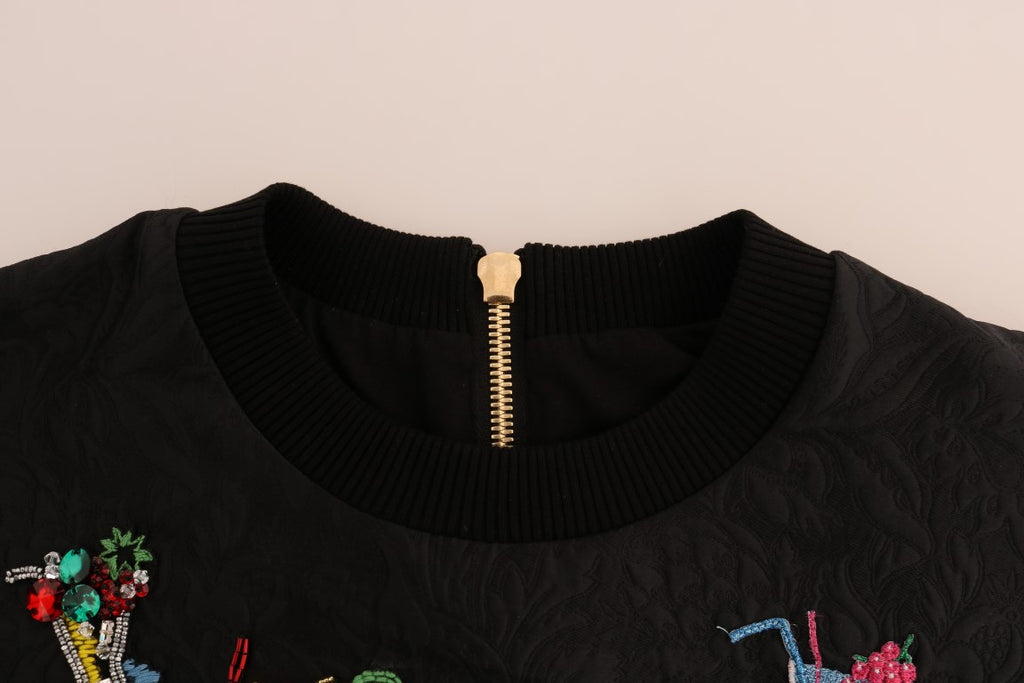 Dolce &amp; Gabbana Black Brocade Cocktail Crystal Sweater