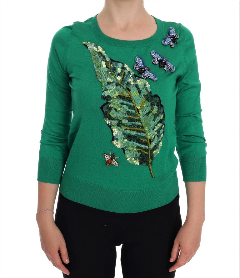 Dolce &amp; Gabbana Green Silk Crystal Banana Sweater