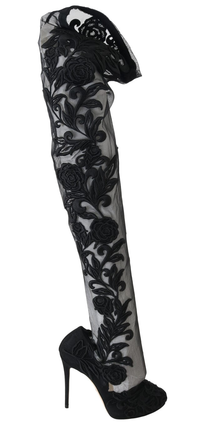 Dolce &amp; Gabbana Black Floral Embroidered Socks Boots
