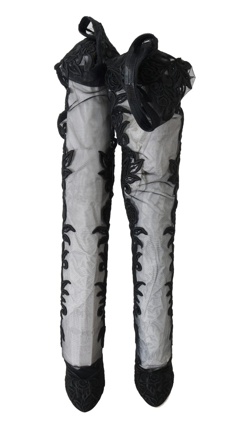 Dolce &amp; Gabbana Black Floral Embroidered Socks Boots