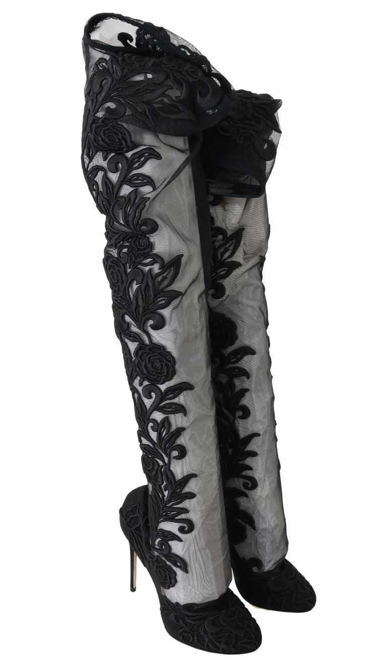 Dolce &amp; Gabbana Black Floral Embroidered Socks Boots