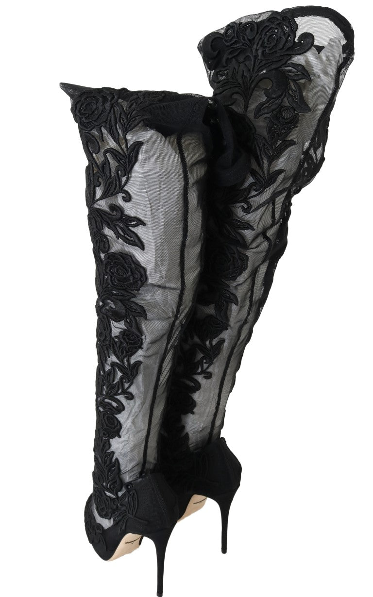 Dolce &amp; Gabbana Black Floral Embroidered Socks Boots