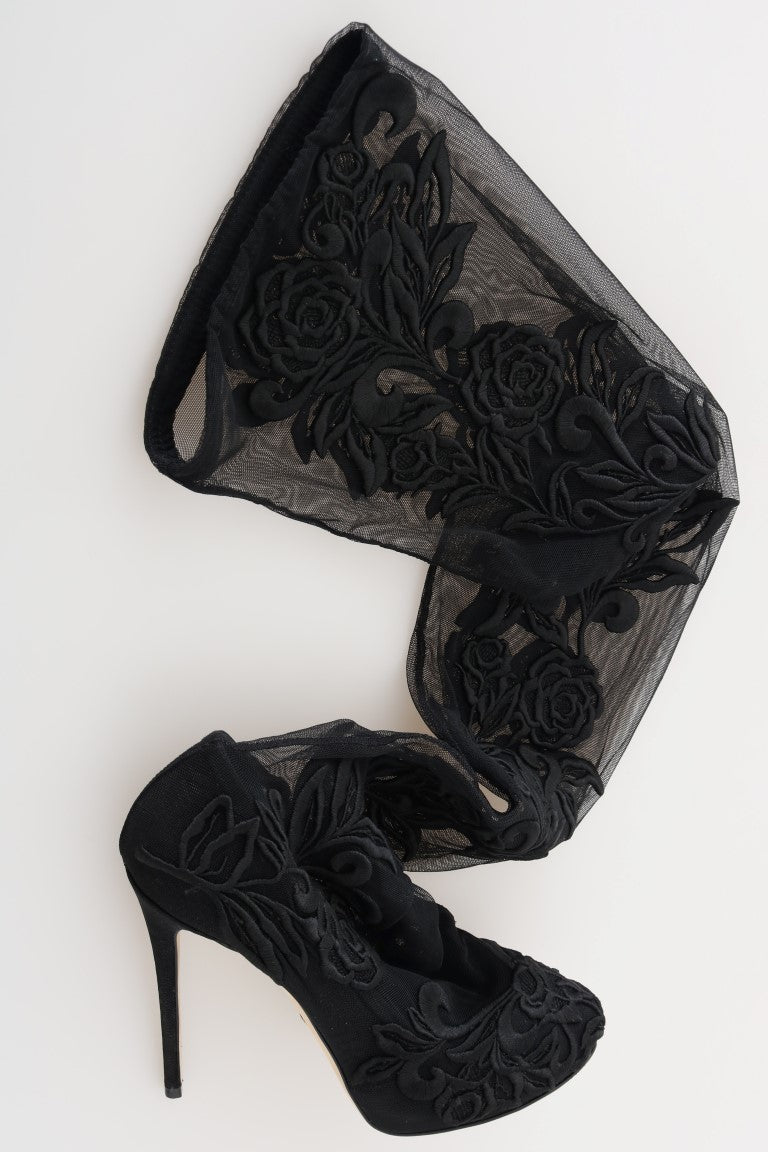 Dolce &amp; Gabbana Black Floral Embroidered Socks Boots