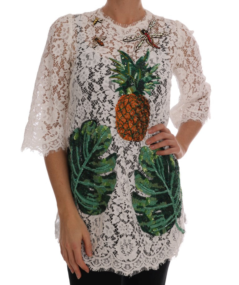 Dolce &amp; Gabbana White Crystal Embellished Lace Blouse